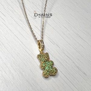 Gummy Bear Green gold plated Necklace Stainless steel 16" Zircon Rhinestone 💚🐻